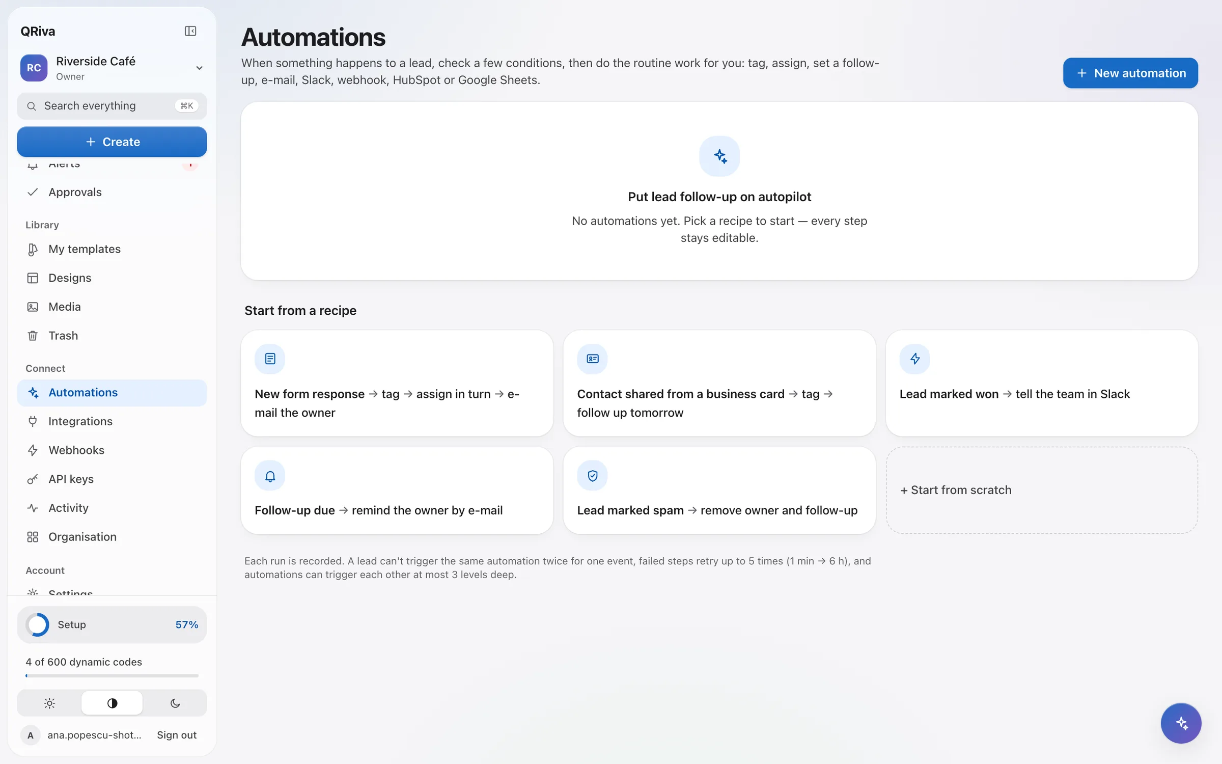 QRiva Automations: recipes such as new form response, tag, assign in turn and e-mail the owner