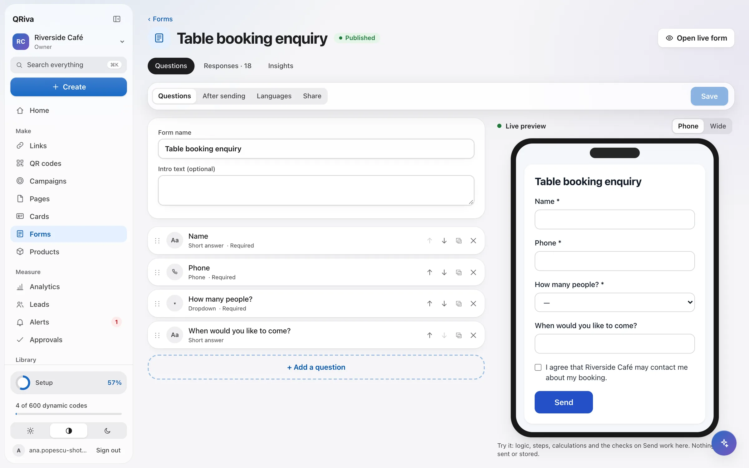 The QRiva form builder with questions on the left and a live phone preview