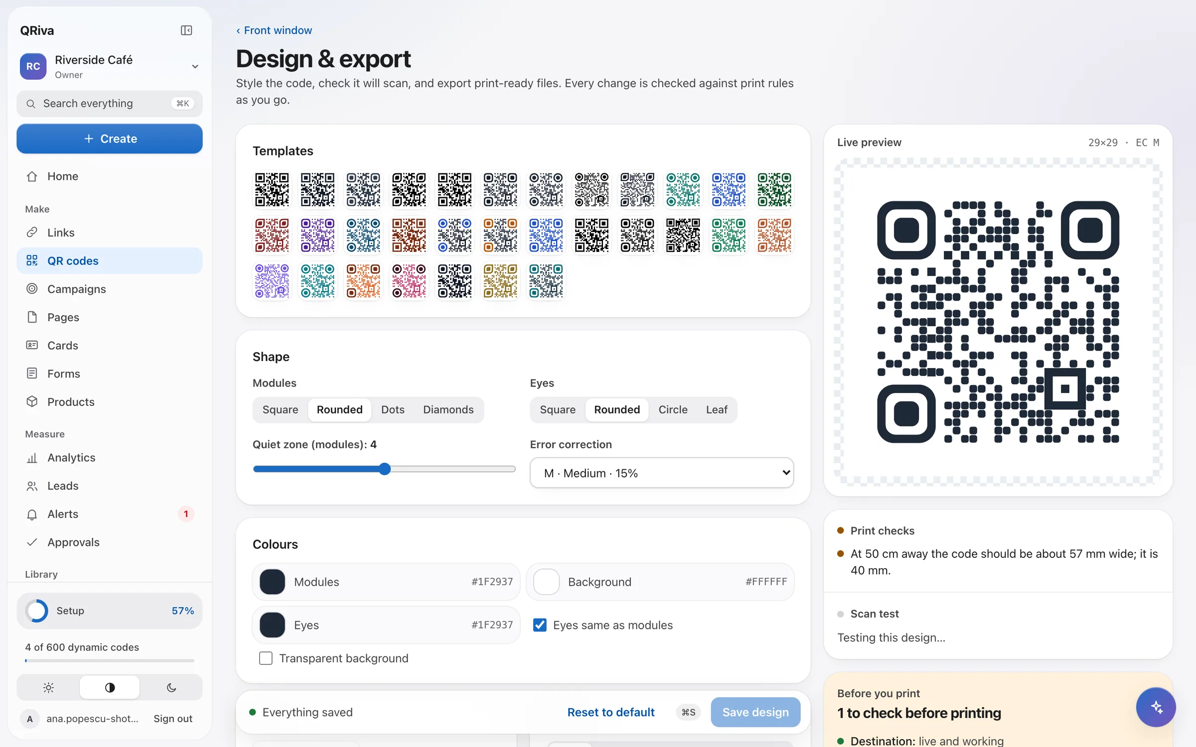 The QRiva QR design studio with templates, shapes, colours and a print check